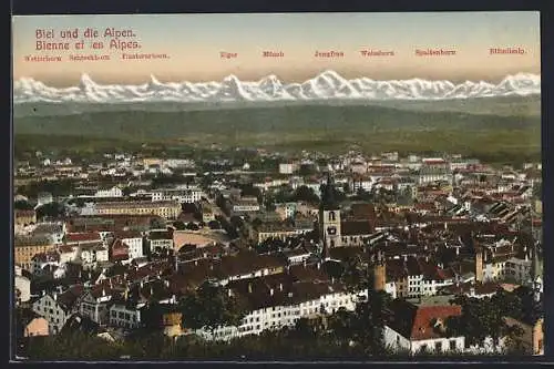 AK Biel, Teilansicht mit Strassenpartie, Alpenpanorama mit Eiger, Mönch und Jungfrau