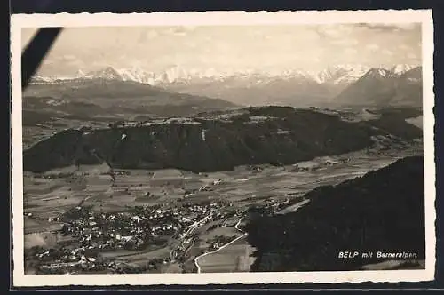 AK Belp, Teilansicht mit Berneralpen, Fliegeraufnahme