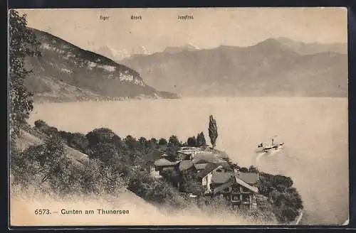 AK Gunten am Thunersee, Teilansicht mit Eiger, Mönch und Jungfrau