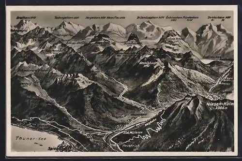 Künstler-AK Reichenbach, Ortsansicht mit Hotel Niesen-Kulm, Frutigen und Aeschi, Blüemlisalphorn und Fründenhorn