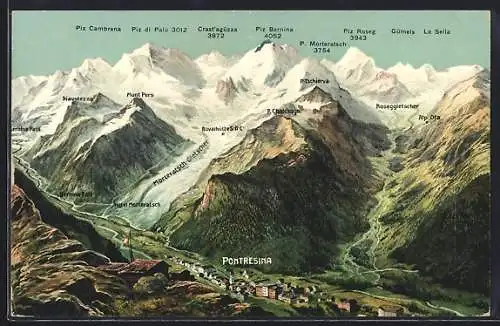Künstler-AK Pontresina, Ortsansicht mit Bernina-Gruppe: Roseggletscher, Piz Roseg und Munt Pers
