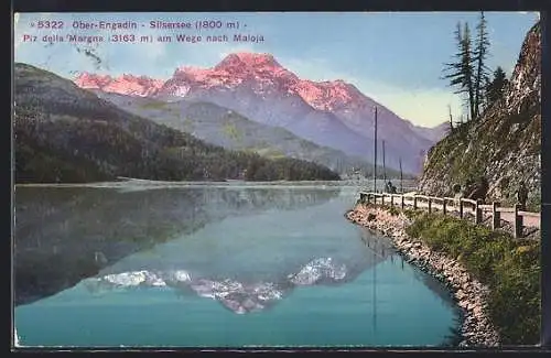 AK Maloja /Ober-Engadin, Silsersee und Piz della Margna am Wege nach dem Ort