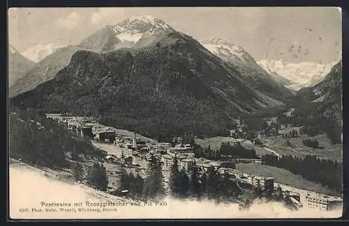 AK Pontresina, Teilansicht mit Roseggletscher und Piz Palü