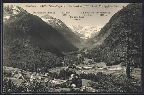 AK Pontresina /Ober-Engadin, Teilansicht mit Roseggletscher, La Sella, La Montschia und Piz Capütschin
