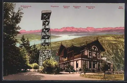 AK Uetliberg, Restaurant Uto-Kulm mit Glärnisch, Tödi und Wiggiskette