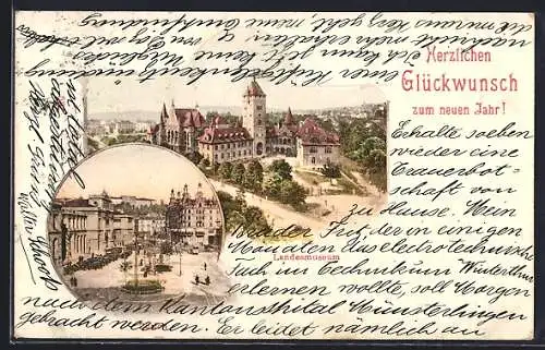 AK Zürich, Landesmuseum, Strassenpartie, Neujahrsgruss