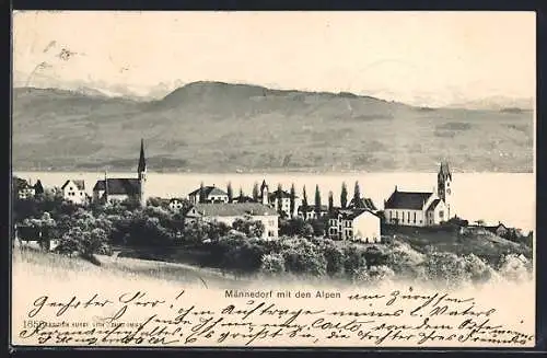 AK Männedorf, Teilansicht mit den Alpen