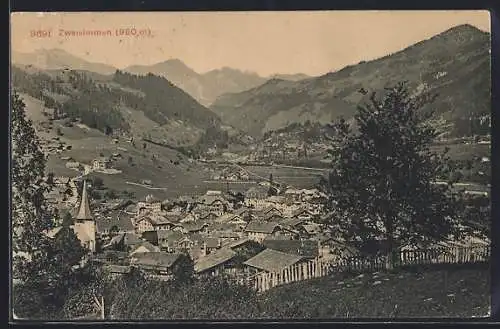 AK Zweisimmen, Stadtansicht mit Bergpanorama