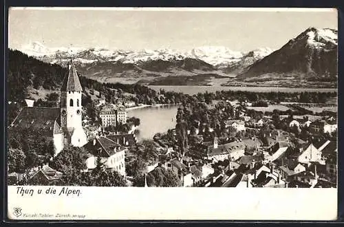 AK Thun, Stadtansicht mit den Alpen