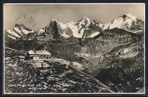 AK Niesen-Kulm, Hotel-Restaurant mit Eiger, Mönch und Jungfrau