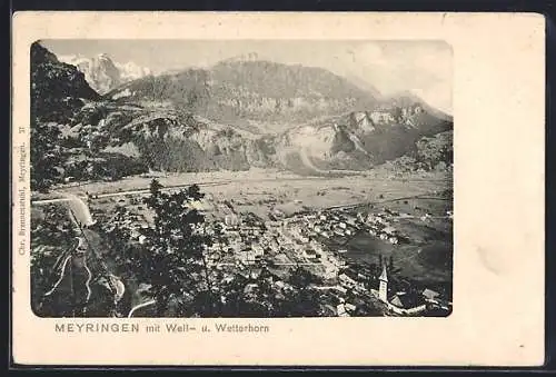 AK Meyringen, Ortspanorama mit Well- und Wetterhorn
