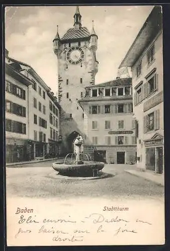 AK Baden, Stadtturm mit Strassenpartie