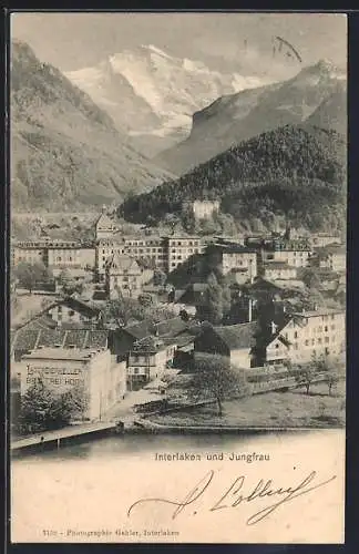 AK Interlaken, Lagerbierkeller der Brauerei Horn mit Ortsansicht und Jungfrau