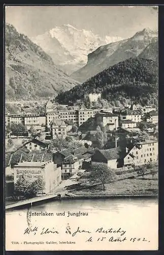 AK Interlaken, Lagerbierkeller der Brauerei Horn mit Ortsansicht und Jungfrau