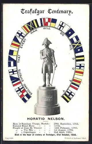 AK Trafalgar Centenary 1805-1905, Admiral Horatio Nelson Flag-Signal, Kurzbiographie