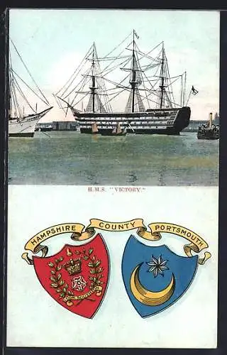 AK HMS Victory im Hafen, Wappen von Portsmouth und Hampshire County