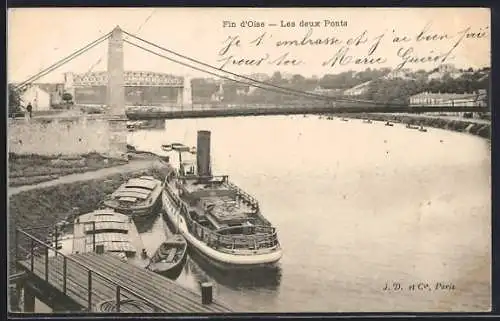 AK Fin d`Oise, Les deux Ponts et bateaux sur la rivière