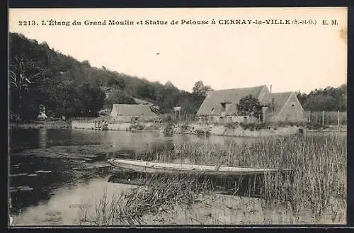 AK Cernay-la-Ville, L`Étang du Grand Moulin et Statue de Pelouse