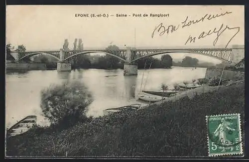AK Épône, Seine, Pont de Rangipont avec bateaux amarrés