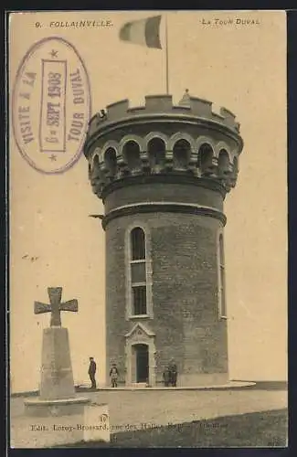 AK Follainville, La Tour Duval avec drapeau et croix monumentale