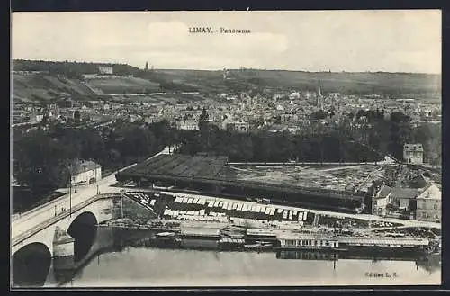 AK Limay, Panorama de la ville avec le pont et la rivière en avant-plan
