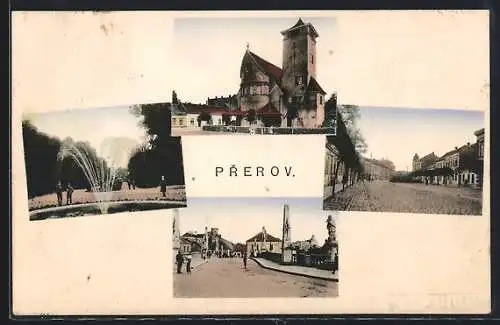 AK Prerov, Strassenpartie mit Gebäudeansicht, Brücke, Fontäne