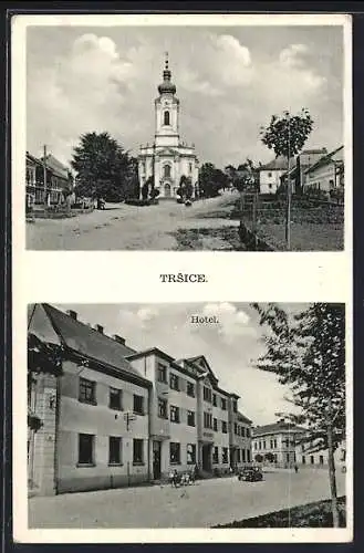 AK Trsice, Strassenpartie am Hotel, Kirche