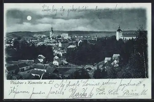 Mondschein-AK Kamenice n. L., Blick über die Ortschaft