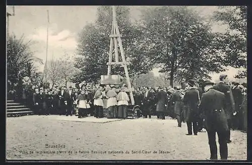 AK Bruxelles, Pose de la première pierre de la future Basilique nationale du Sacré-Coeur de Jésus