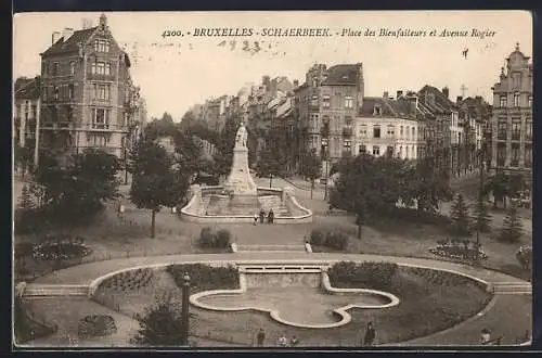 AK Bruxelles-Schaerbeek, Place des Bienfaiteurs et Avenue Rogier