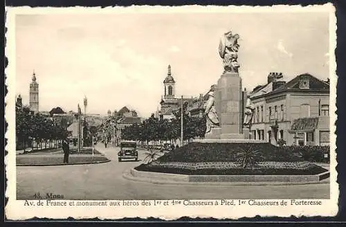AK Mons, Avenue de France et monument aux héros des 1er et 4me Chasseurs à Pied, 1er Chasseurs de Forteresse
