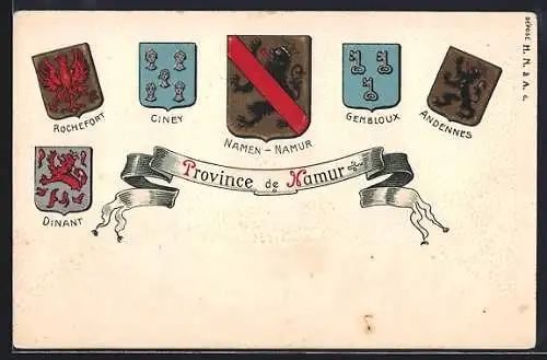 Lithographie Namur, Wappen von Ciney, Andennes und Dinant