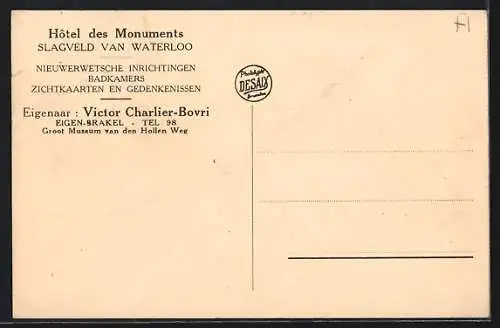 AK Braine l`Alleud, Hôtel des Monuments, Champ de Bataille de Waterloo, Propr. Victor Charlier-Bovri