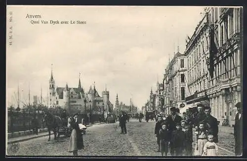 AK Anvers, Quai Van Dyck avec Le Steen