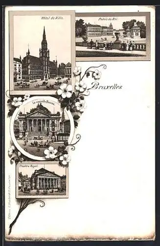 Lithographie Bruxelles, Hôtel de Ville, Palais du Roi, La nouvelle Bourse, Théâtre Royal