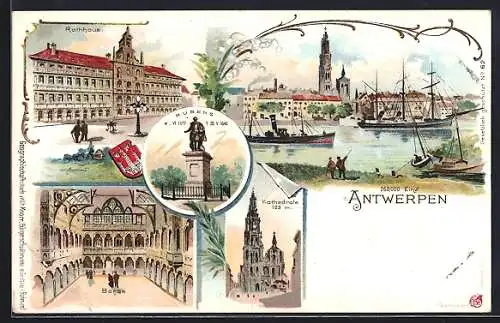 Lithographie Antwerpen, Rathaus, Kathedrale, Rubens 1577-1640