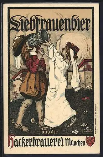 AK München, Hackerbrauerei, Liebfrauenbier, Frau hilft Mann beim Trinken aus dem Bierkrug, Reklame