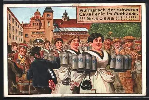 Künstler-AK München, Aufmarsch der schweren Cavallerie im Mathäser
