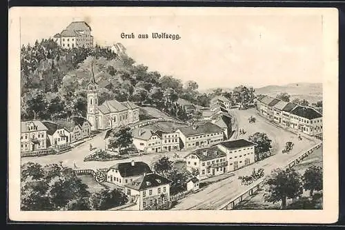 Künstler-AK sign. Hans Pernat: Wolfsegg, Totalansicht mit der Burg