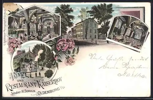 Lithographie Oldenburg i / Gr., Hôtel und Restaurant Kaiserhof, Innenansicht, Garten