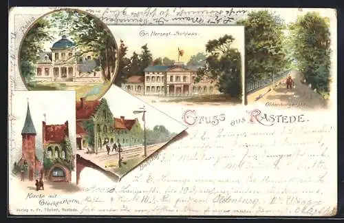 Lithographie Rastede, Gross-Herzogliches Schloss, Bahnhof, Palais