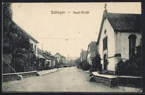 AK Söllingen / Durlach, Partie an der Haupt-Strasse vor der Kirche