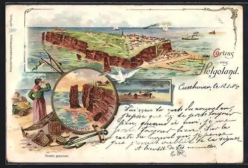 Lithographie Helgoland, Gesamtansicht der Insel, Nord-Cap, Fischersfrau am Strand