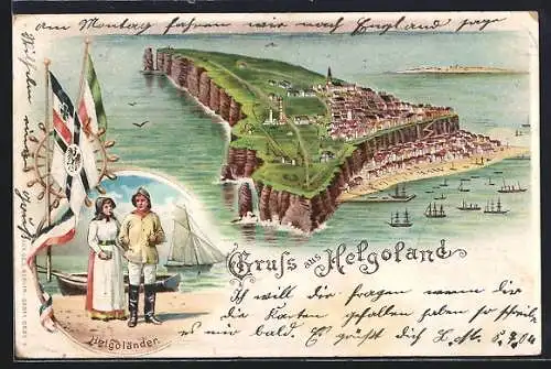 Lithographie Helgoland, Insel aus der Vogelschau, Helgoländer Paar in typischer Tracht