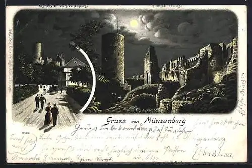 Lithographie Münzenberg / Hessen, Gasthaus zur Burg Münzenberg und Rittersaal (Pallas), mit Zufahrt und Besuchern