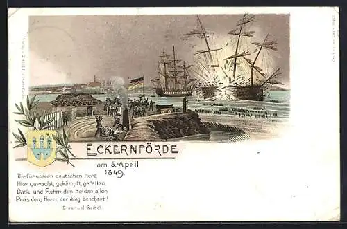Lithographie Eckernförde, Revolution 1848, zerstörtes Schiff