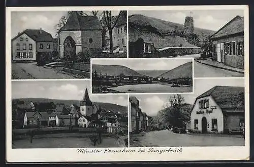 AK Münster-Sarmsheim bei Bingerbrück, Gasthaus Appel, Strassenpartie mit kleiner Kapelle, Burgruine, Ortsansicht