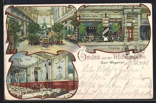 Lithographie Berlin-Charlottenburg, Gasthaus Wilhelmshallen, Inneres Saal, Garten