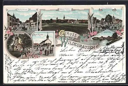 Lithographie Wildeshausen, Huntestrasse, Marktplatz, Wassermühle, Evang. Kirche, kath. Kirche, Totalansicht