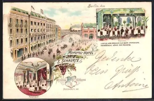 Lithographie Berlin, Monopol-Hotel v. S. Schaurté, Saal und Garten, Friedrichstrasse 100